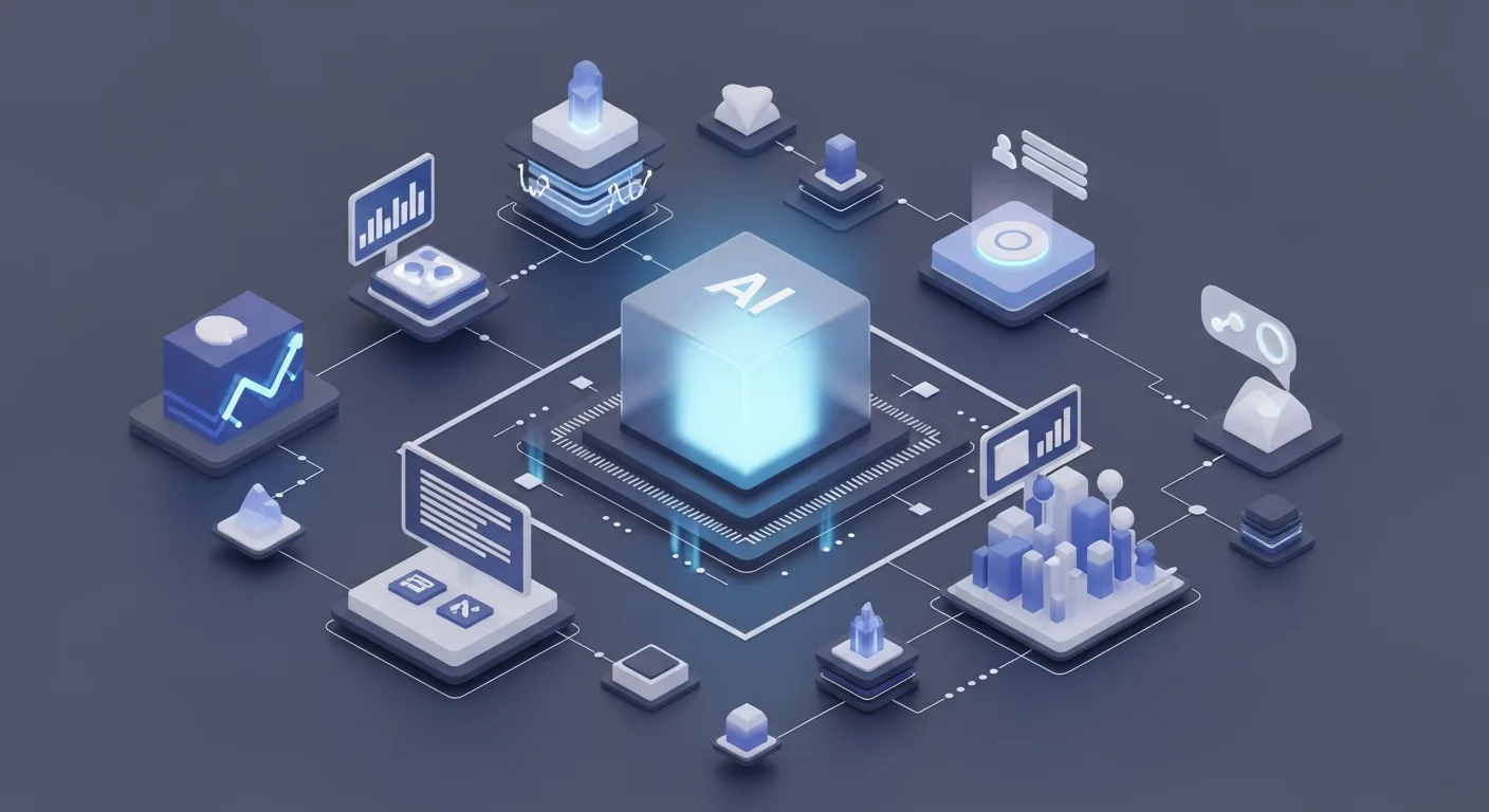 Abstract 3D isometric illustration of glowing circuits powering robust back-end digital marketing AI operations.