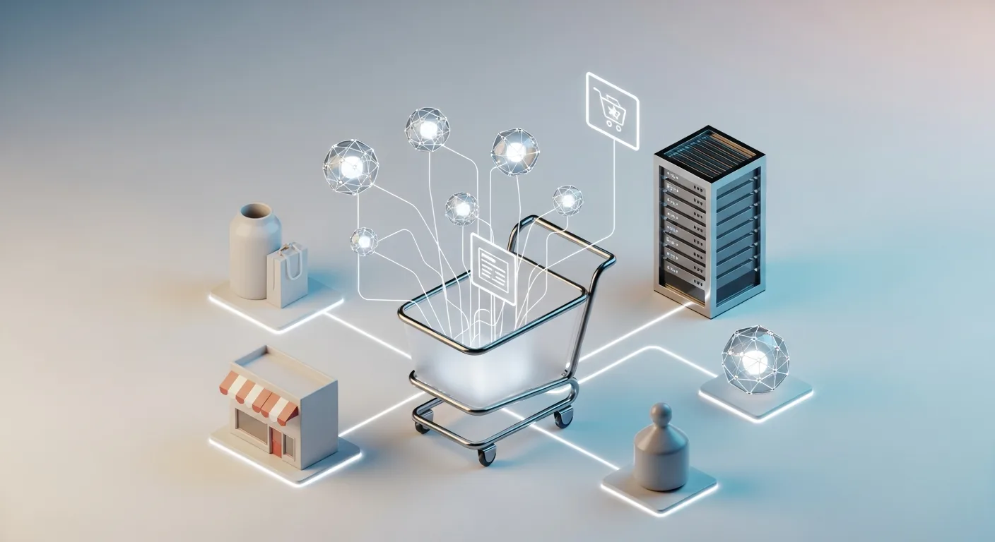 Abstract isometric 3D scene symbolizing AI-fueled digital retail transformation and leadership.