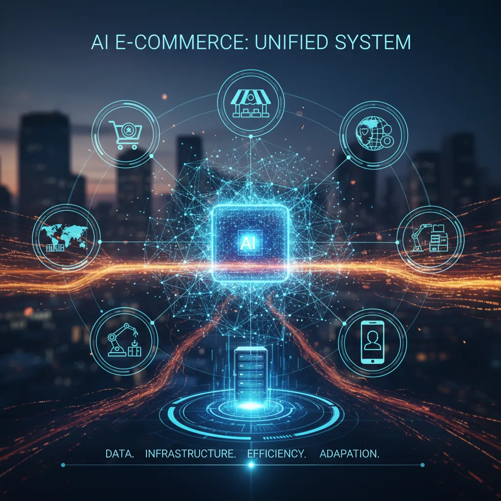 Abstract isometric scene with glowing geometric shapes representing interconnected systems as AI transforms e-commerce 2026.