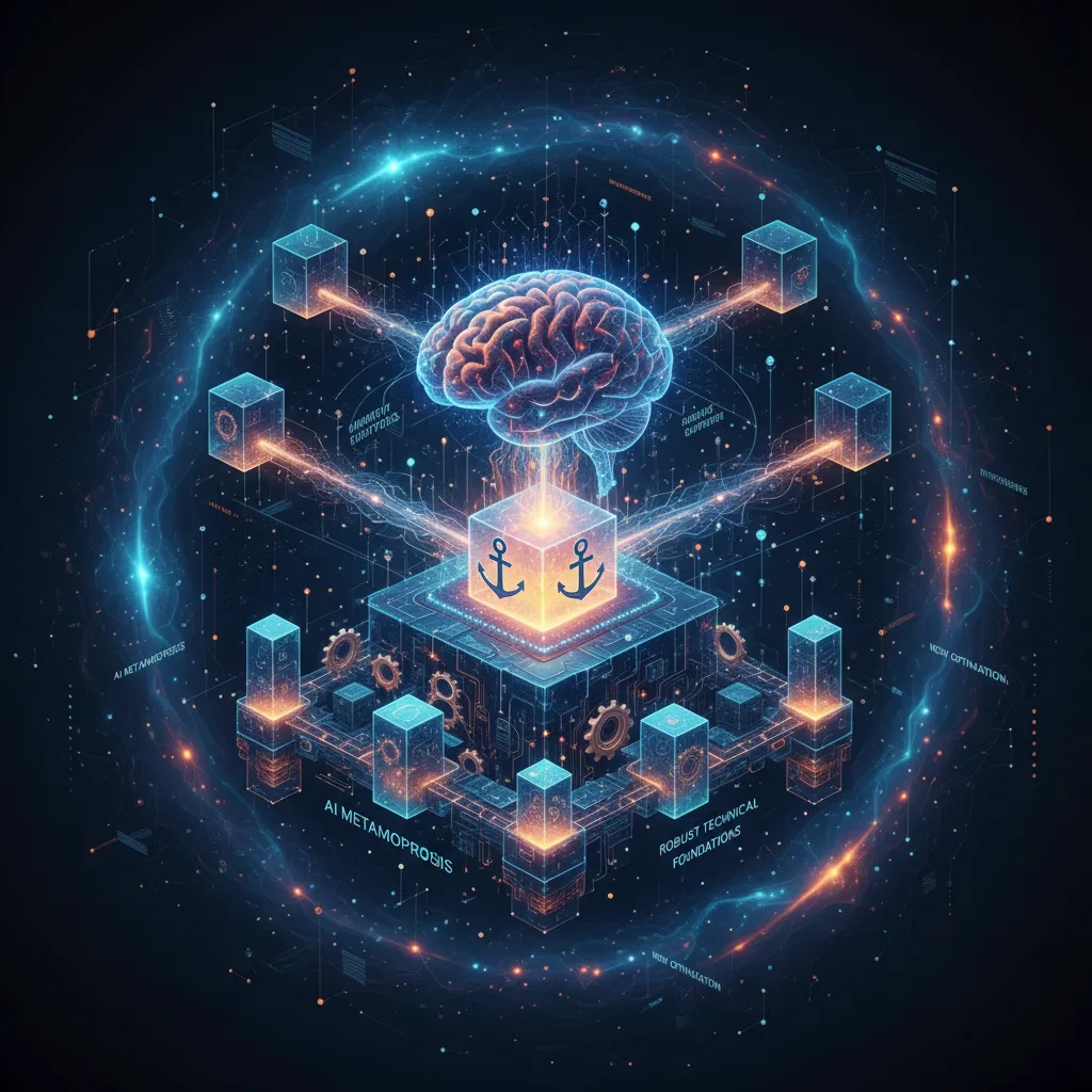 Abstract 3D scene of interconnected nodes and data streams, visualizing Generative Engine Optimization (GEO).