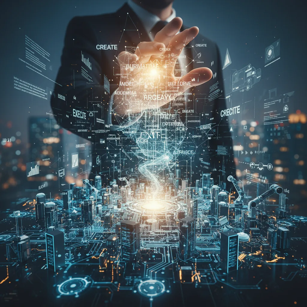 Abstract 3D illustration of interconnected geometric shapes with light, visualizing the concept of natural language to workflows.