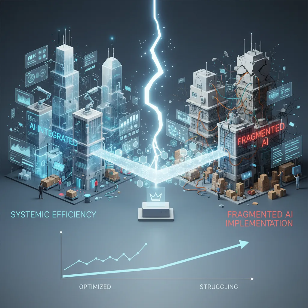 Abstract 3D isometric scene: interconnected geometric forms symbolize optimized data flow and AI in e-commerce.