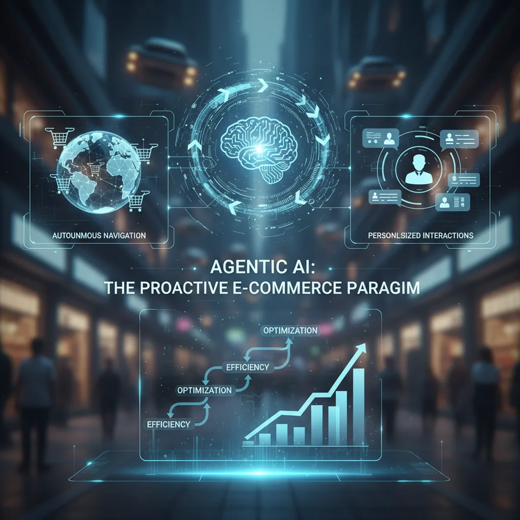 Abstract 3D isometric system of interconnected glowing elements representing Agentic AI for ecommerce.