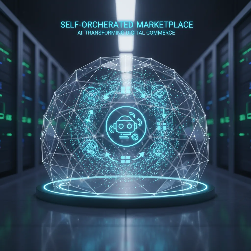 Abstract isometric 3D shapes with glowing connections, representing the autonomous future of agentic commerce.