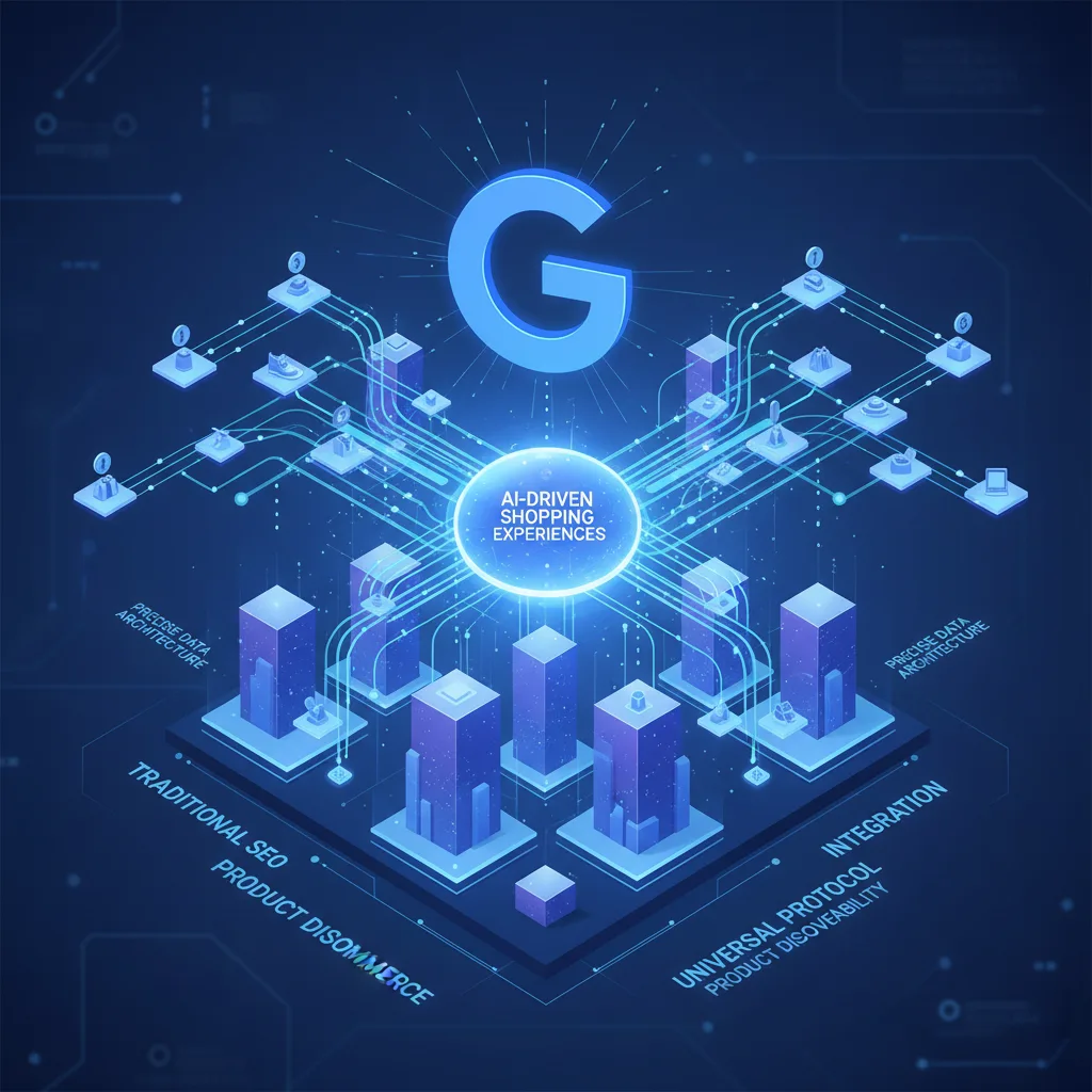 Abstract isometric 3D scene with geometric shapes representing the Google Universal Commerce Protocol ecommerce SEO data ecosystem.