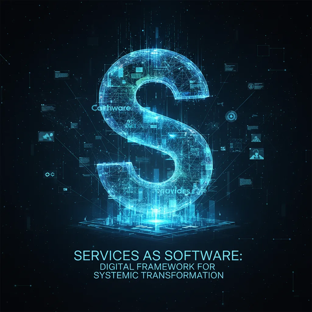 Abstract 3D isometric illustration with interconnected glowing forms and data paths, representing service as a software.