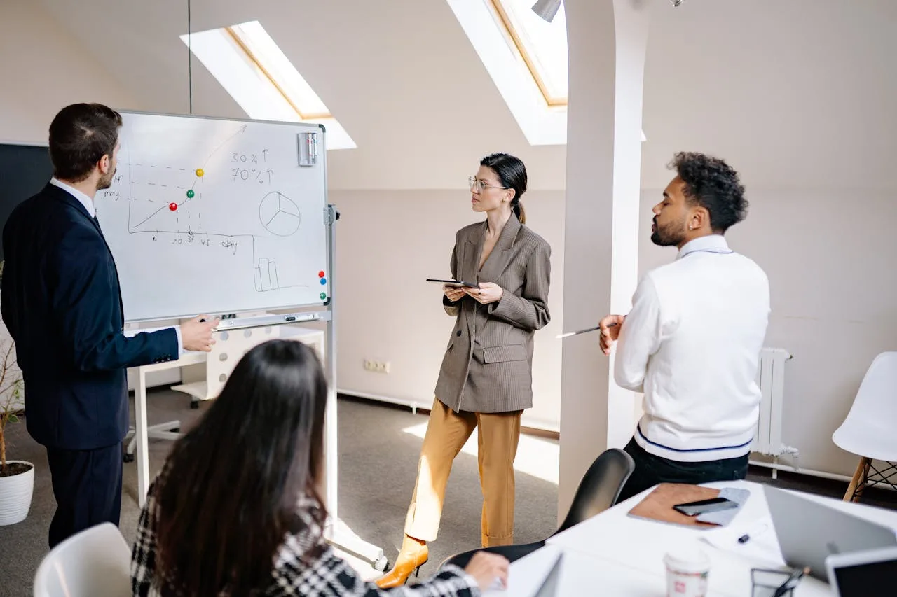 enterprise team reviewing AI implementation strategy roadmap with data charts — sequenced framework for brand manufacturers