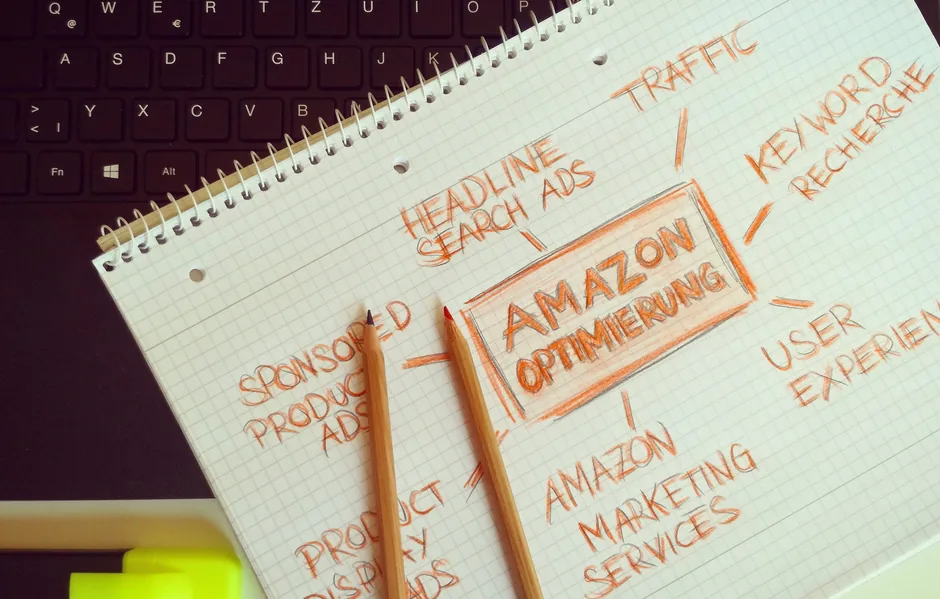A digital marketer analyzing Amazon generic keywords on a laptop to optimize product listing visibility for e-commerce sellers.