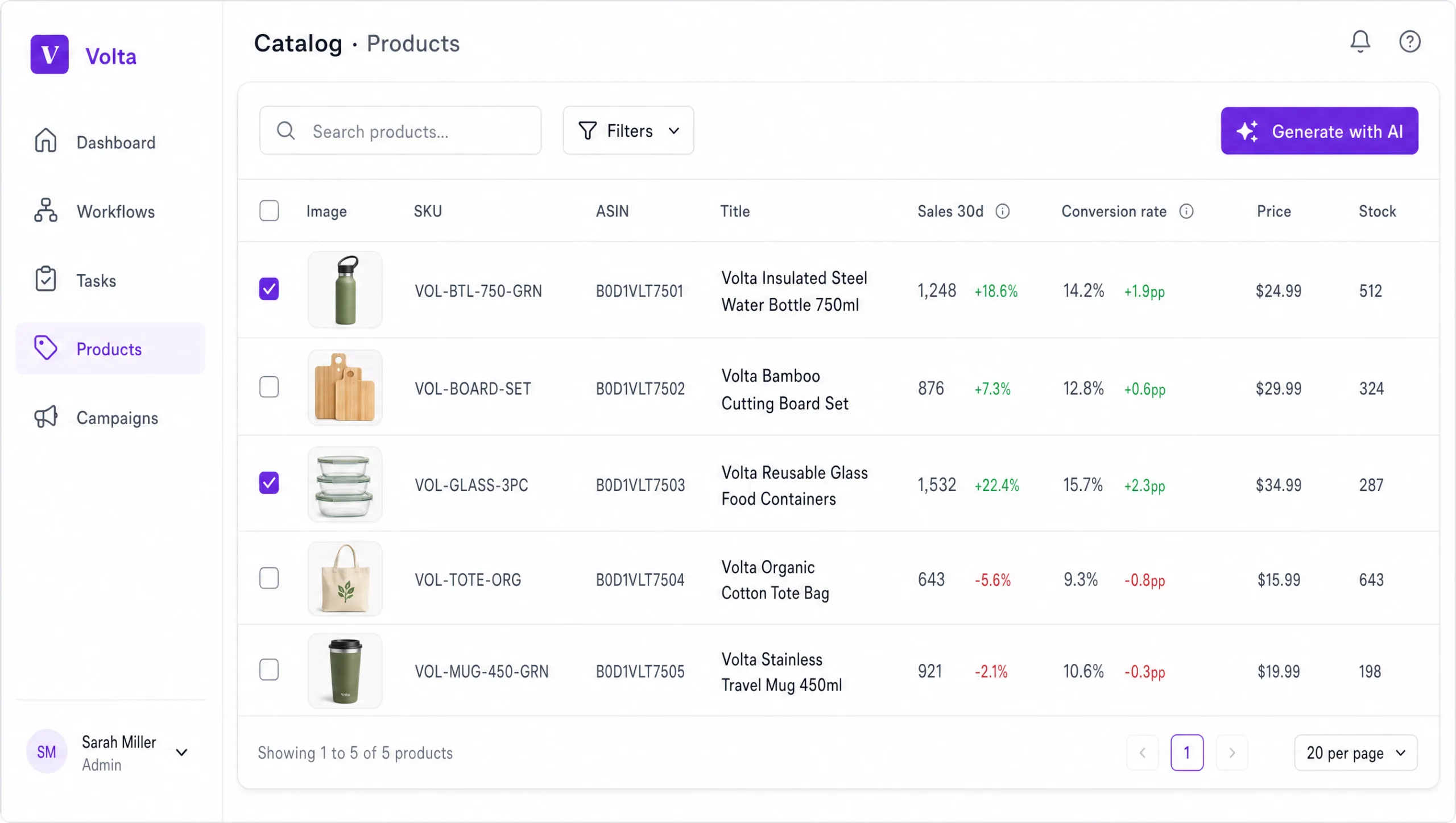 Epinium catalog dashboard showing bulk optimize with AI button for mass Amazon listing optimization