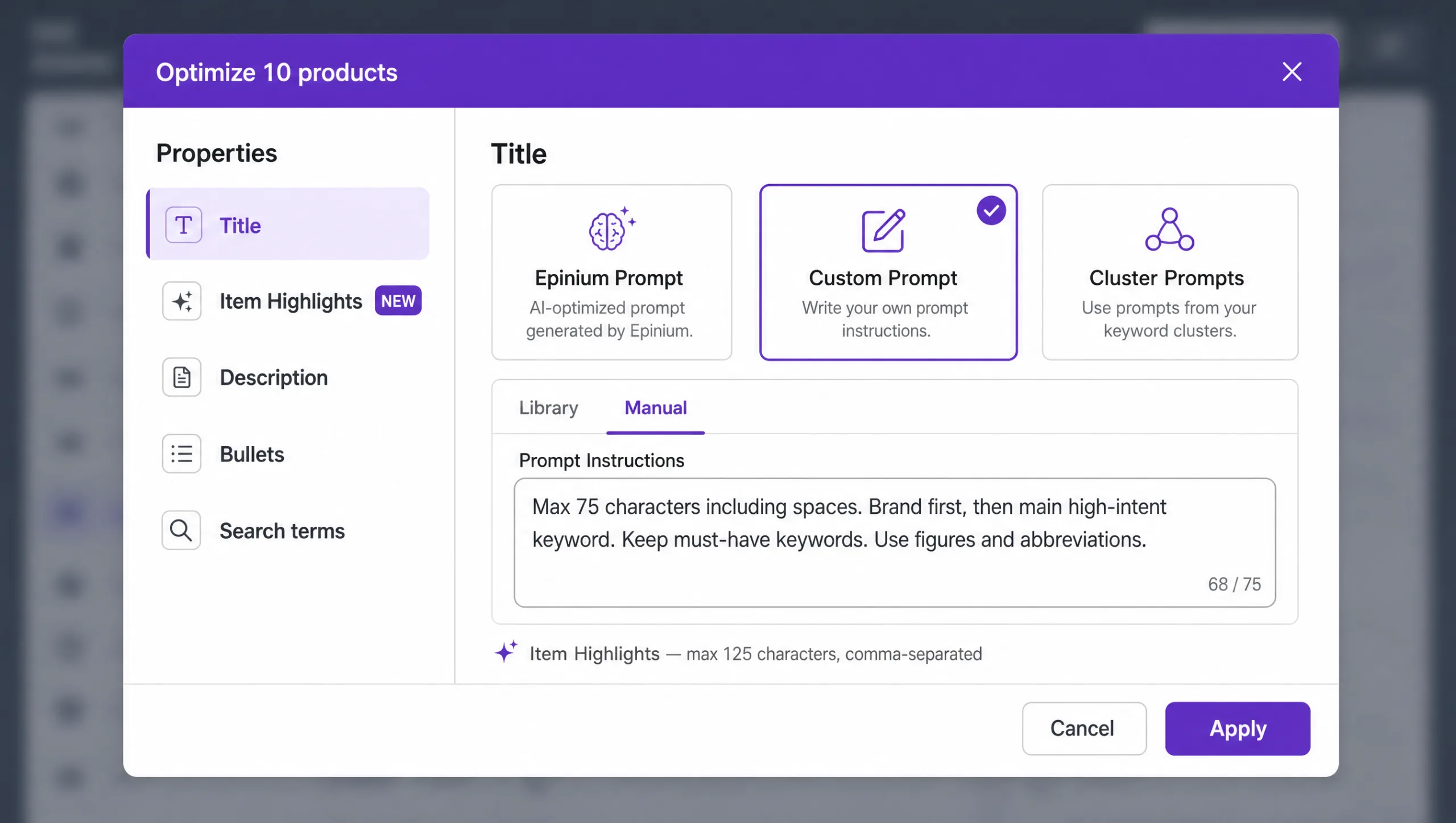 Epinium AI optimization configuration popup for Amazon product title and Item Highlights generation