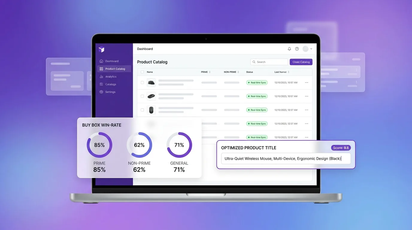 Panel de catálogo de Amazon en Epinium con sincronización en tiempo real y % de Buy Box ganada por segmento para sellers y vendors